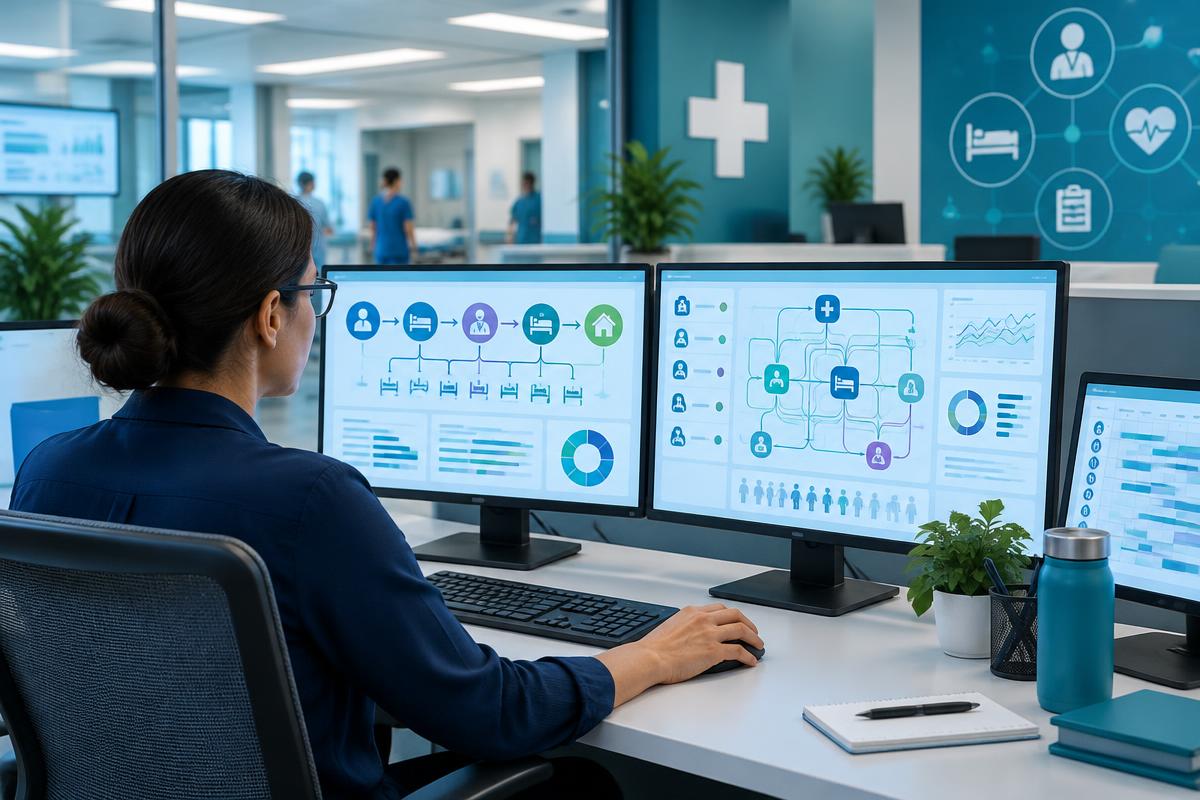 Health information analyst working with hospital data dashboards